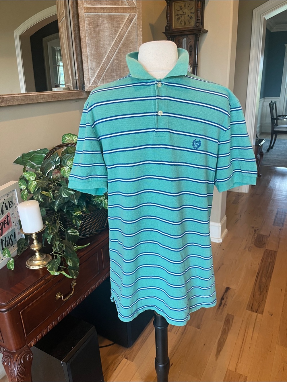 Chaps Sea Foam  Green Striped Polo with Navy and White Accents